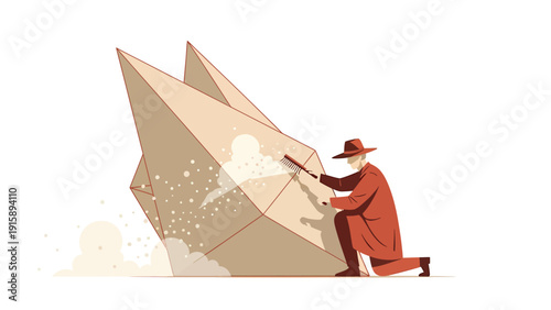 Man chiseling a human shape from a large geometric crystal, illustrating creation, potential, and transformation through effort.