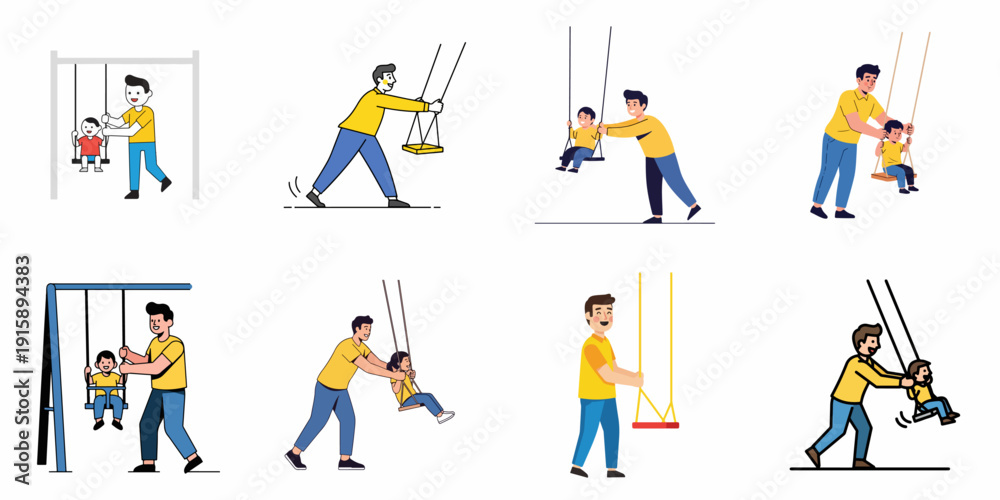 Fototapeta premium Set of vector illustrations showing dads pushing happy kids on playground swings, highlighting family bonding, fun, and outdoor activities.