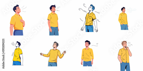 Men Taking Deep Breath Set: Illustrations of Relaxed Young Males Enjoying Fresh Air, Stress Relief, and Mindfulness Practice Isolated on White Background.