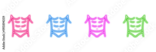 Neon glowing athletic male torso with abs vector icons set, fitness, gym, workout, strength, muscle, physique, six pack, health, vibrant colorful digital design on transparent background.