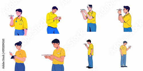 Collection of illustrations showing doctors and individuals checking body temperature with various thermometers for fever diagnosis and health monitoring.