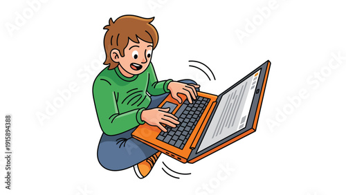 Cartoon boy enthusiastically typing on laptop. Young student engaged in online learning, homework, or digital activity.