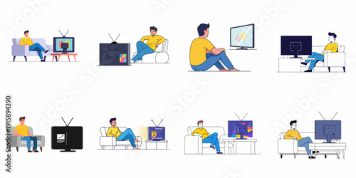 Man Watching TV Illustration Set. Leisure and Entertainment Scenes at Home.