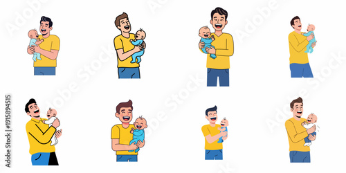 Joyful Fathers Holding Happy Babies: A Vector Set Illustrating Parental Bonding, Love, and Care on a White Background.