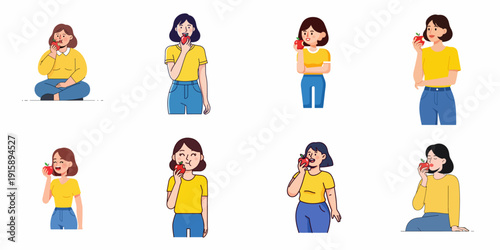 Set of vector illustrations depicting young women enjoying eating fresh red apples, promoting healthy lifestyle, diet, and nutrition.