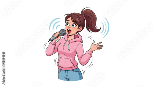 Vibrant Cartoon Girl Singing into Microphone with Expressive Hand Gesture