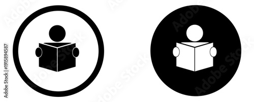 Icono circular de lectura. Ilustración con estilo minimalista en blanco y negro.  Símbolo de cultural y educación. Vector para sitio web, app, folleto, institutos, escuelas, biblioteca y otros.