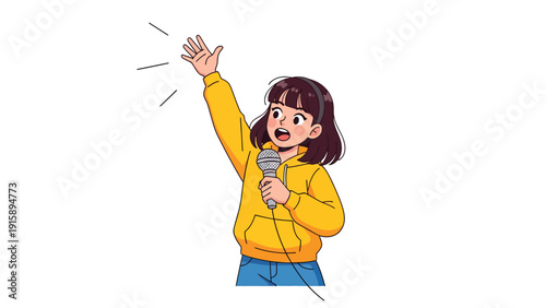 Enthusiastic young girl singing into a microphone with raised hand, performing live or presenting with energy, character illustration