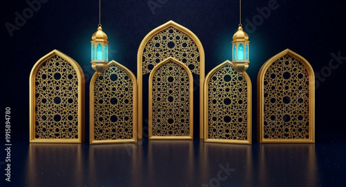 Elegant Golden Islamic Archways with Glowing Ramadan Lanterns