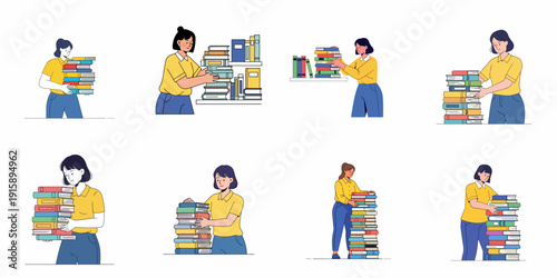 Eight vector illustrations of women holding, carrying, and stacking large piles of colorful books, representing reading, education, and knowledge acquisition.