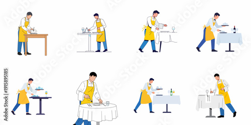 Set of vector illustrations depicting a waiter or restaurant worker preparing tables, setting dinnerware, and serving food and beverages.