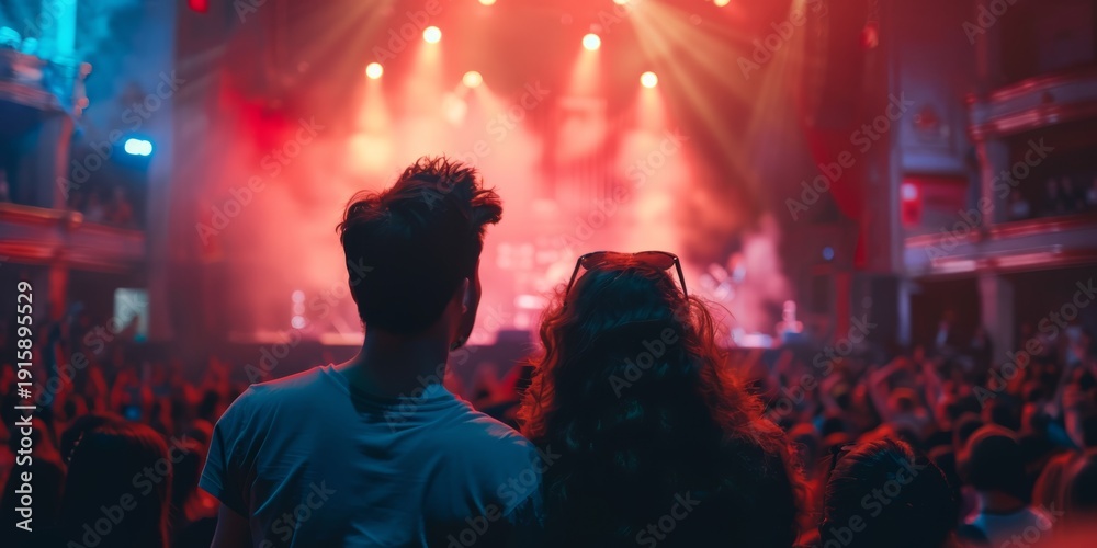 Obraz premium Concert crowd enjoying a live performance with a band on stage illuminated by vibrant stage lights creating an energetic atmosphere