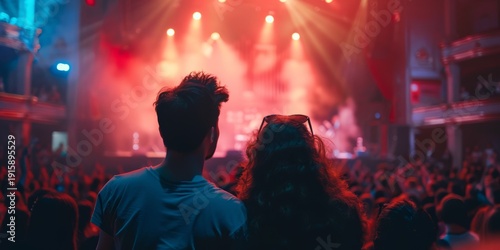 Concert crowd enjoying a live performance with a band on stage illuminated by vibrant stage lights creating an energetic atmosphere