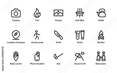 Camping Outdoor Adventure Travel Icons creative nature exploration set featuring tents, campfire, navigation and leisure gear