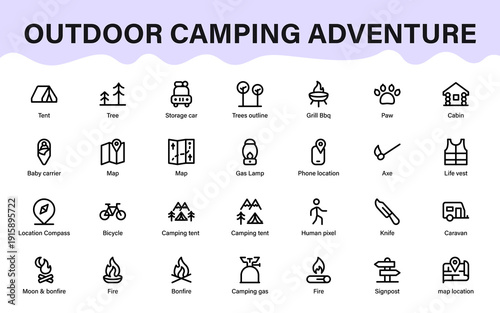 Outdoor camping adventure icons set featuring tent, bonfire, caravan, compass, map, bicycle, grill, fire, forest and travel symbols