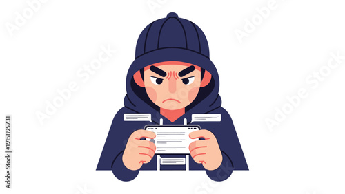 Angry Person in Hoodie with Smartphone and Digital Code – Cyber Threat, Hacking, or Online Frustration Concept