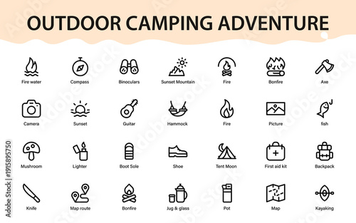Outdoor camping adventure icons featuring hiking, survival gear, bonfire, backpack, tent, travel navigation, nature exploration symbols set