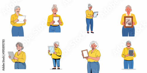 Set of eight vector illustrations depicting senior women happily holding various items like picture frames, blank papers, or digital tablets, representing memory and technology.