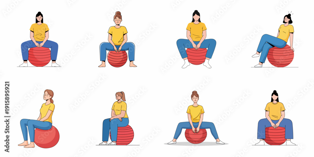 Fototapeta premium Woman Sitting on Exercise Ball Poses Set: Fitness, Prenatal, and Stability Movements Illustration Collection.