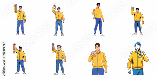 Vector set of successful male athletes in tracksuits celebrating victory and achievement, holding up gold winner medals.