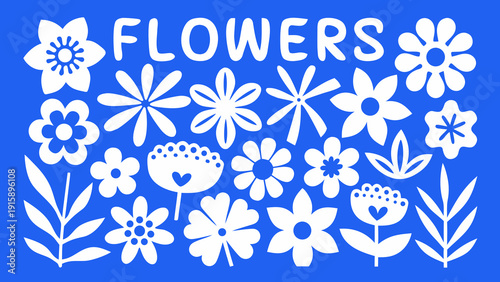 A whimsical arrangement of white flowers and foliage on a blue background