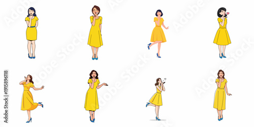 Vector illustration set of eight beautiful women in yellow dresses showing different expressive gestures and emotions, isolated on white.