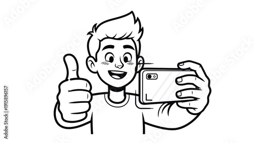 Smiling young man taking a selfie with a smartphone, giving a thumbs up. Line art illustration.