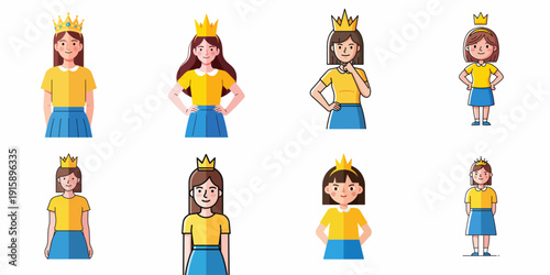 Collection of eight diverse cartoon illustrations of girls and young women wearing yellow shirts, blue skirts, and gold princess crowns on a white background.