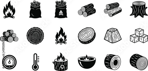 Collection of black and white firewood and campfire icons, ideal for camping, forestry, heating, and wood-related vector design themes.