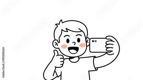Happy Cartoon Boy Taking Selfie with Smartphone, Thumbs Up Gesture. Line Art Illustration of Young Person with Mobile Phone.