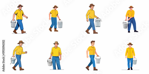 Eight vector illustrations of farmers carrying milk pails and cans, depicting various poses and movements related to dairy farming and agriculture tasks.