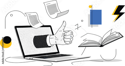 A hand emerging from a laptop screen gives a thumbs up surrounded by floating documents and an open book