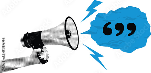 Hand holding megaphone with speech bubble and lightning bolts, symbolizing loud announcement and energetic communication