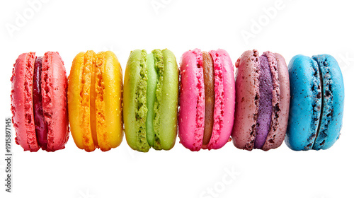 Colorful macarons row vibrant pastel dessert isolated on white background food photography