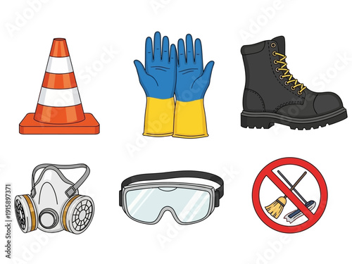 Set of personal protective equipment and safety items including safety cone, gloves, boots, respirator, goggles, and no broom sign