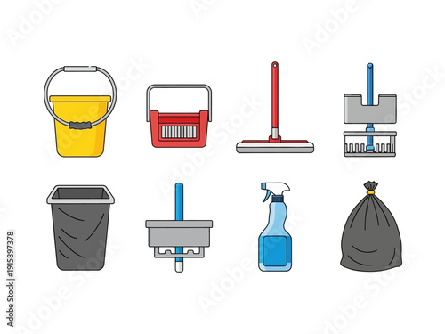 Collection of cleaning supplies and tools, including buckets, mops, spray bottles, and trash bags, presented in a clean, flat vector illustration style