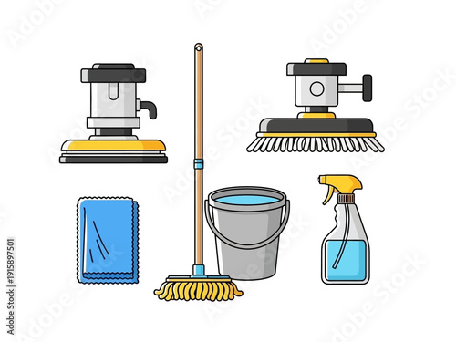 Collection of cleaning tools and supplies including mop, bucket, spray bottle, and polishing machine, illustrating household chores and hygiene