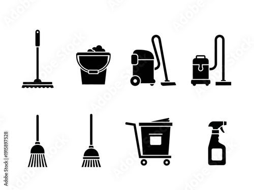 Collection of cleaning supplies and equipment for house keeping and janitorial services including brushes, mops, vacuum cleaners, and spray bottles