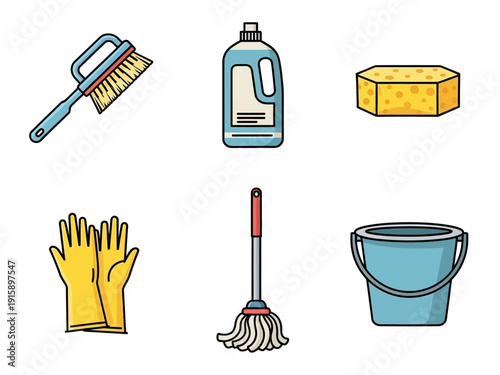Collection of cleaning supplies including a brush, bottle, sponge, gloves, mop, and bucket