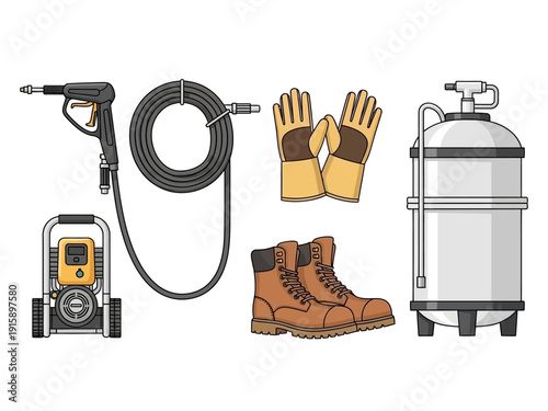 Collection of industrial cleaning and safety equipment including a pressure washer, hose, gloves, boots, and a pressure tank
