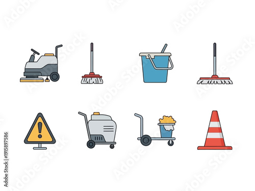 Set of cleaning service icons including floor scrubbers, buckets, mops, carts, and safety cones for commercial and household use