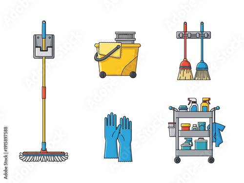 Set of cleaning supplies including a mop, bucket, brooms, gloves, and a cleaning cart with bottles