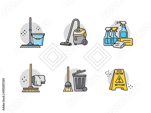 A collection of cleaning tools and supplies for household chores and sanitation, including mops, brooms, vacuum cleaners, and spray bottles