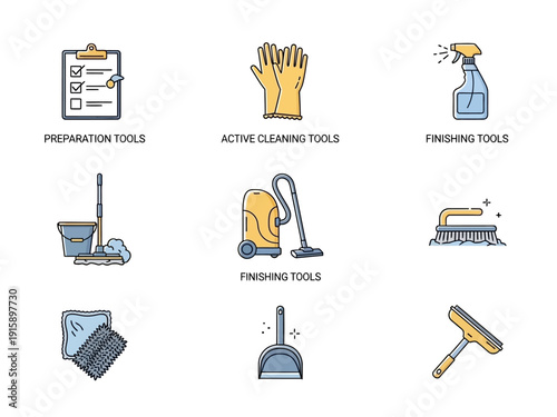 Collection of cleaning tools and equipment for household and professional use