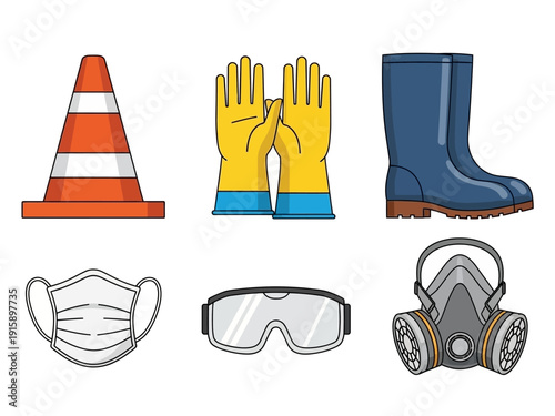 Collection of industrial safety and personal protective equipment illustrations including traffic cone, gloves, boots, mask, goggles, and respirator