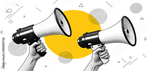 Multiple hands holding megaphones and making announcements from different directions, loud, protest, hands, megaphone