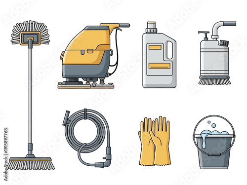 Collection of cleaning tools and supplies including a mop, floor scrubber, cleaning solution, hose, gloves, and bucket with foam