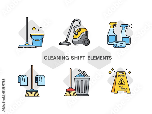 Collection of cleaning shift elements including mop, bucket, vacuum cleaner, cleaning sprays, towels, broom, trash bin, and wet floor sign