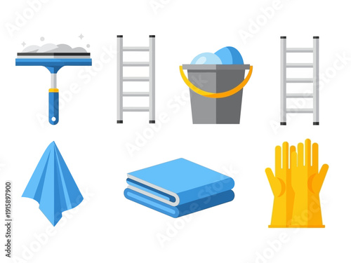 Collection of cleaning supplies and equipment, including a squeegee, ladder, bucket, towels, and gloves for household chores and professional services