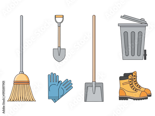 Collection of cleaning and gardening tools including a broom, shovel, gloves, dustpan, trash can, and work boots
